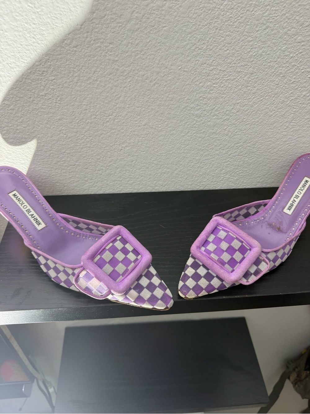 Manolo Blahnik Lavender Checkered Buckle Pointed Mules